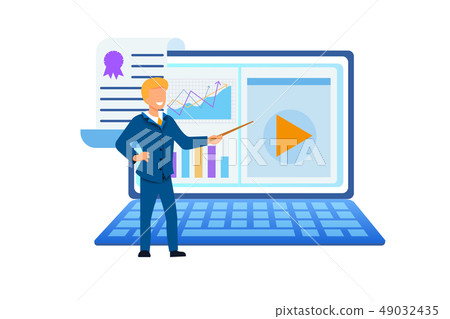 Blonde Smiling Man Point Charts on Laptop Screen 49032435