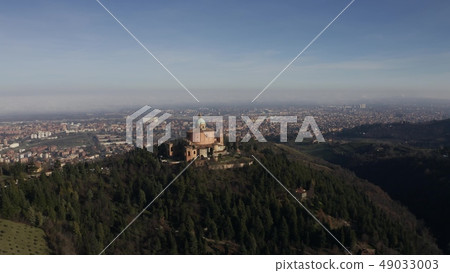 Sanctuary of the Madonna di San Luca basilica, aerial view. Bologna, Italy 49033003