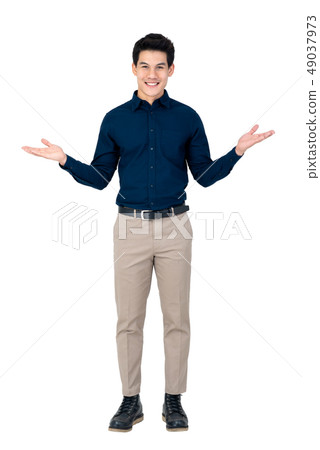 Young smiling handsome Asian man with open palms 49037973
