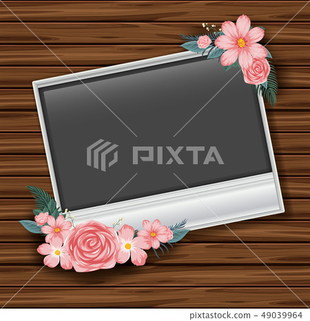 Border template with pink roses on wooden wall 49039964