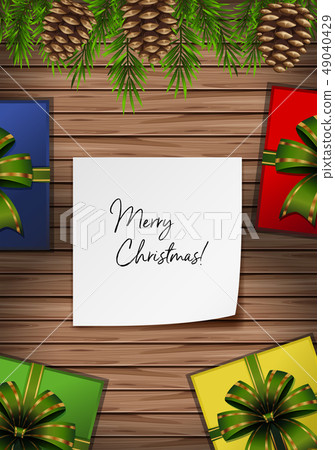Merry christmas card with presents and pinecones Merry christmas card with presents and pinecones 49040429