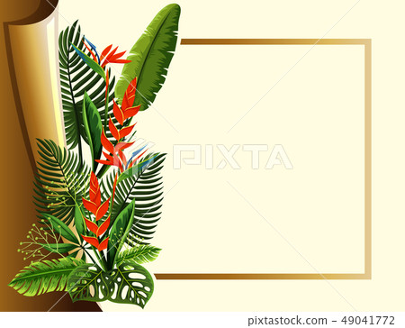 Golden frame with red flowers and green leaves 49041772