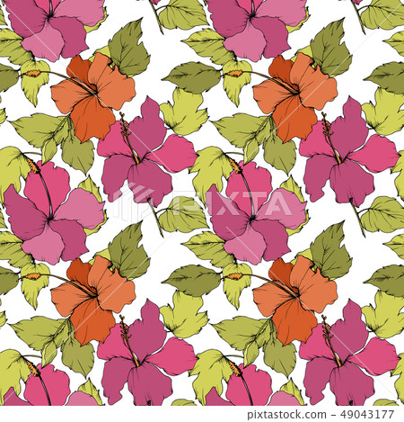 Vector Hibiscus floral botanical flower. Engraved ink art. Seamless background pattern. Fabric 49043177