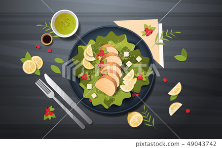 healthy fresh vegetable salad with chicken and sauce in black bowl top angle view restaurant food 49043742