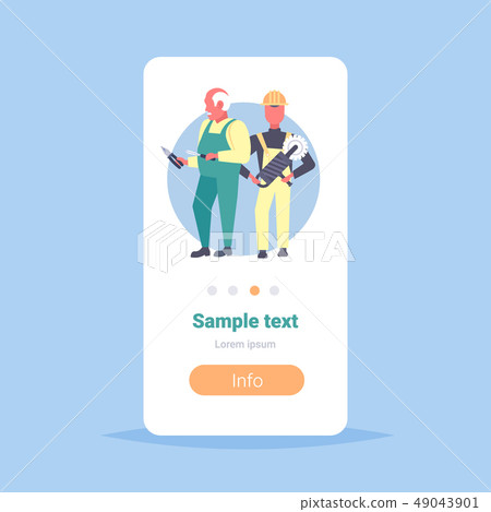 two construction workers holding screwdriver cutting pliers and handheld circular saw repair service 49043901