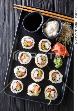 Uramaki rolls set served with sauces, soy sprouts, Uramaki rolls set served with sauces, soy sprouts, 49044690