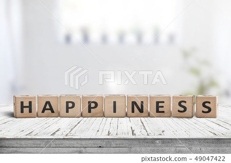 Happiness sign made of wood in a bright living 49047422