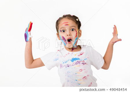 little child girl with hands painted in colorful paint little child girl with hands painted in colorful paint 49048454