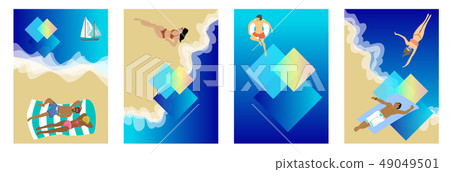 Set of cards with people on resort. Set of cards with people on resort. 49049501