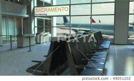 Sacramento flight boarding now in the airport terminal. Travelling to the United States conceptual Sacramento flight boarding now in the airport terminal. Travelling to the United States conceptual 49051202
