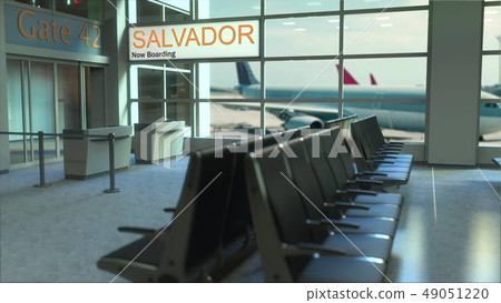 Salvador flight boarding now in the airport terminal. Travelling to Brazil conceptual 3D rendering Salvador flight boarding now in the airport terminal. Travelling to Brazil conceptual 3D rendering 49051220
