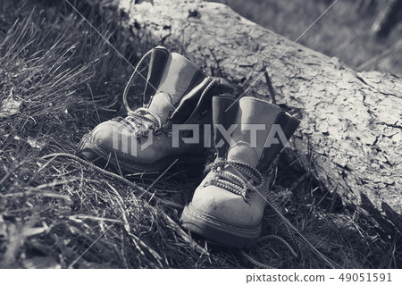 Pair of trekking boots in forest near fallen tree 49051591