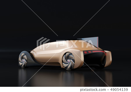 Rear image of self-driving electric car luxury saloon in metallic gold color on black back Rear image of self-driving electric car luxury saloon in metallic gold color on black back 49054139