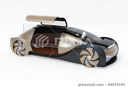 Self-driving electric car luxury saloon in metallic gold color on white background. Right door open. Self-driving electric car luxury saloon in metallic gold color on white background. Right door open. 49054144