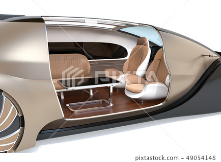 Close-up image of self-driving electric car luxury saloon. In front of the seat in the back of the car, in a meeting state 49054148