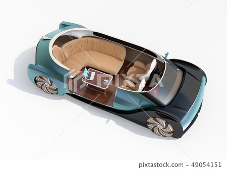 Cut image of self-driving electric car on white background. Front row sheet facing backwards. 49054151