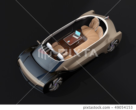Cut image of an autonomous driving EV on a black background. Front row sheet backwards, with a laptop on the table, smartphone Cut image of an autonomous driving EV on a black background. Front row sheet backwards, with a laptop on the table, smartphone 49054153