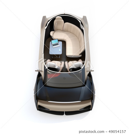 Cut model image of an autonomous driving EV. Front row sheet backwards, with a laptop on the table, smartphone 49054157