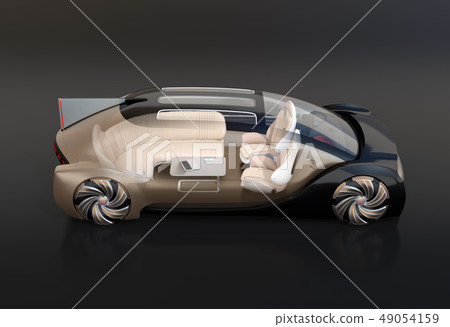Image of a self-driving luxury saloon in gold color on a black back. Interior image composition effect 49054159