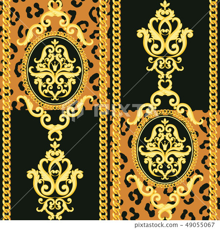 Seamless damask pattern. Gold on black and animal leopard texture with chains. Vector illustration Seamless damask pattern. Gold on black and animal leopard texture with chains. Vector illustration 49055067