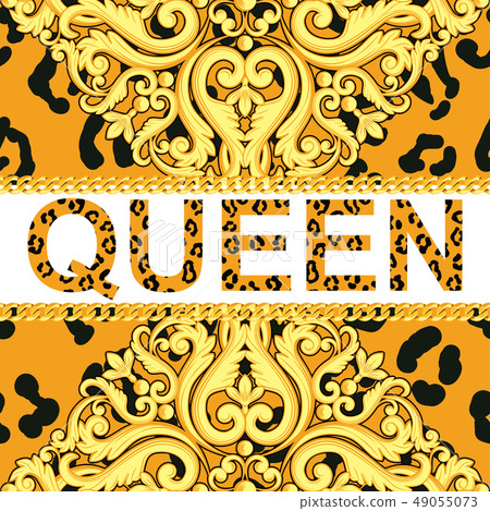 Yellow ornamental element on animal leopard texture with chains and text queen. Vector illustration Yellow ornamental element on animal leopard texture with chains and text queen. Vector illustration 49055073