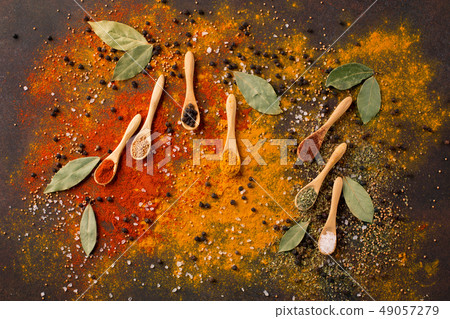 Spices and herbs on dark background 49057279