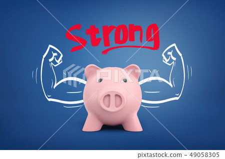 3d rendering of piggy bank flexing arms with red sign strong on blue background 3d rendering of piggy bank flexing arms with red sign strong on blue background 49058305