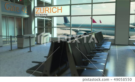 Zurich flight boarding now in the airport terminal. Travelling to Switzerland conceptual 3D 49058550