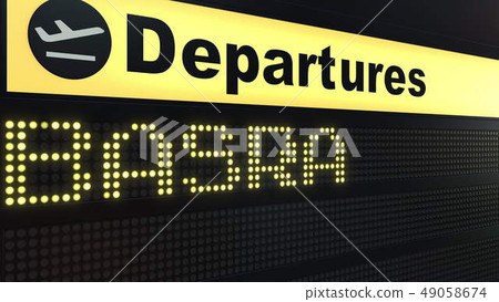 Flight to Basra on international airport departures board. Travelling to Iraq conceptual 3D Flight to Basra on international airport departures board. Travelling to Iraq conceptual 3D 49058674