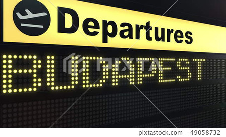Flight to Budapest on international airport departures board. Travelling to Hungary conceptual 3D 49058732