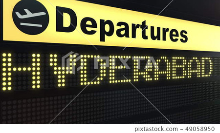Flight to Hyderabad on international airport departures board. Travelling to Pakistan conceptual 3D 49058950