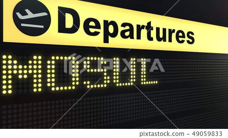 Flight to Mosul on international airport departures board. Travelling to Iraq conceptual 3D 49059833