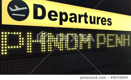 Flight to Phnom Penh on international airport departures board. Travelling to Cambodia conceptual 3D Flight to Phnom Penh on international airport departures board. Travelling to Cambodia conceptual 3D 49059904
