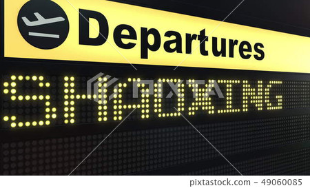 Flight to Shaoxing on international airport departures board. Travelling to China conceptual 3D 49060085