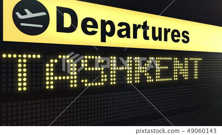 Flight to Tashkent on international airport departures board. Travelling to Uzbekistan conceptual 3D 49060143