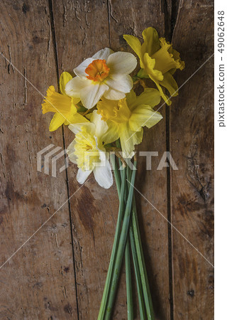 Bouquet of yellow daffodils on the vintage wooden Bouquet of yellow daffodils on the vintage wooden 49062648