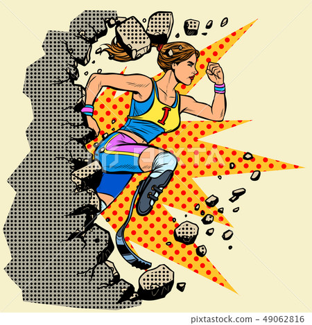 breaks the wall disabled woman runner with leg prostheses running forward. sports competition breaks the wall disabled woman runner with leg prostheses running forward. sports competition 49062816