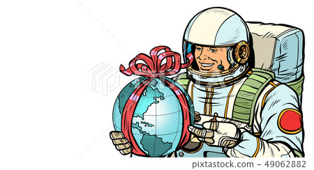 Earth day concept. Astronaut with a gift. Isolate on white background Earth day concept. Astronaut with a gift. Isolate on white background 49062882