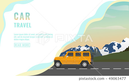 Landing page design, banner with jeep car travel, tourism concept, yellow car on road, beautiful sky Landing page design, banner with jeep car travel, tourism concept, yellow car on road, beautiful sky 49063477