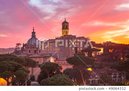 Ancient ruins of Roman Forum at sunrise, Rome, Italy 49064332