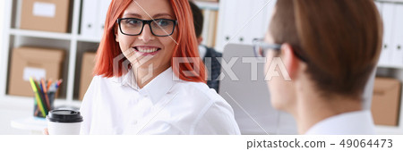 Group people sit in office deliberate on problem 49064473