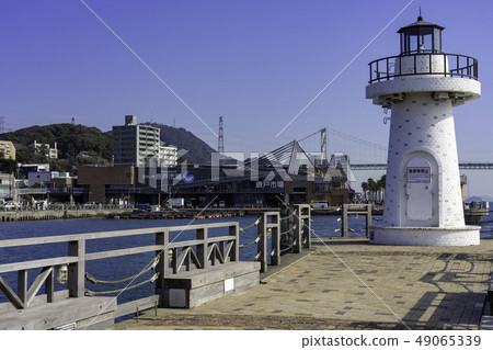 Yamaguchi Shimonoseki Kanmon Strait Kanmon Bridge and Karato Market Karato Pier Breakwater Red and white lovers lighthouse 49065339