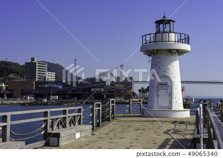 Yamaguchi Shimonoseki Kanmon Strait Kanmon Bridge and Karato Market Karato Pier Breakwater Red and white lovers lighthouse 49065340