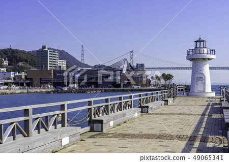 Yamaguchi Shimonoseki Kanmon Strait Kanmon Bridge and Karato Market Karato Pier Breakwater Red and white lovers lighthouse 49065341