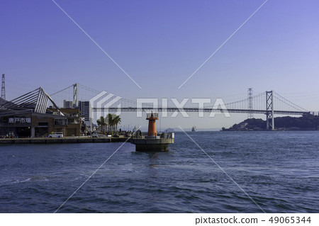 Yamaguchi Shimonoseki Kanmon Strait Kanmon Bridge and Karato Market Karato Pier Breakwater Red and white lovers lighthouse 49065344