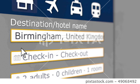 Searching hotel in Birmingham, the United Kingdom on an online booking site. Travel related 3D Searching hotel in Birmingham, the United Kingdom on an online booking site. Travel related 3D 49068492