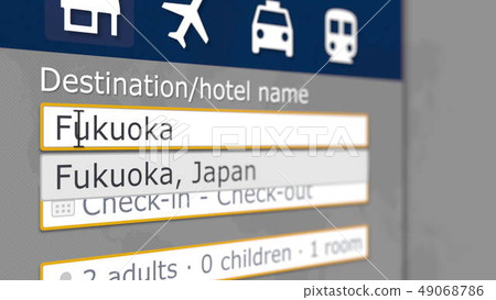 Booking hotel in Fukuoka, Japan online. Tourism related 3D rendering Booking hotel in Fukuoka, Japan online. Tourism related 3D rendering 49068786
