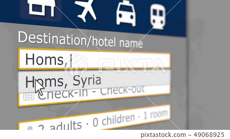Hotel search in Homs on some booking site. Travel to Syria related 3D rendering Hotel search in Homs on some booking site. Travel to Syria related 3D rendering 49068925