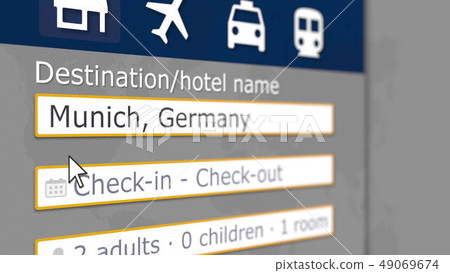 Hotel search in Munich on some booking site. Travel to Germany related 3D rendering 49069674