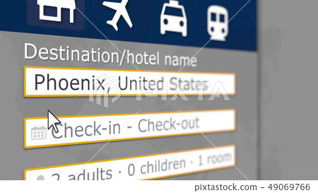Online hotel search in Phoenix on some booking site. Travel to the United States conceptual 3D Online hotel search in Phoenix on some booking site. Travel to the United States conceptual 3D 49069766